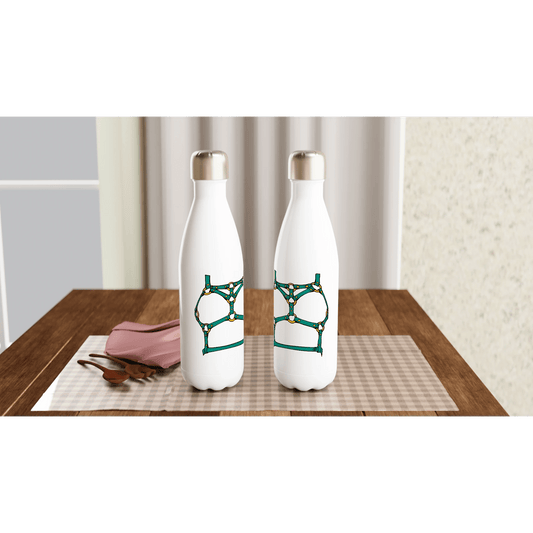 Sultry Teal Harness Straps & Golden Rings – Erotic Bondage Illustration White 17oz Stainless Steel Water Bottle - Urban Muse & Sultry Hues
