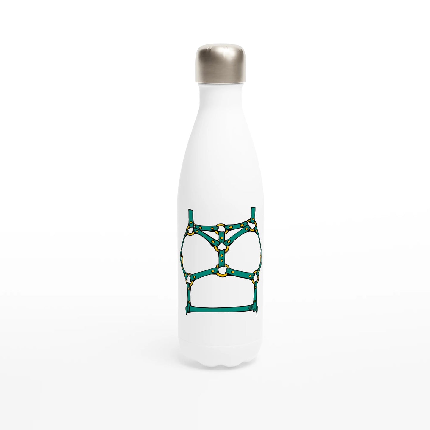 Sultry Teal Harness Straps & Golden Rings – Erotic Bondage Illustration White 17oz Stainless Steel Water Bottle - Urban Muse & Sultry Hues