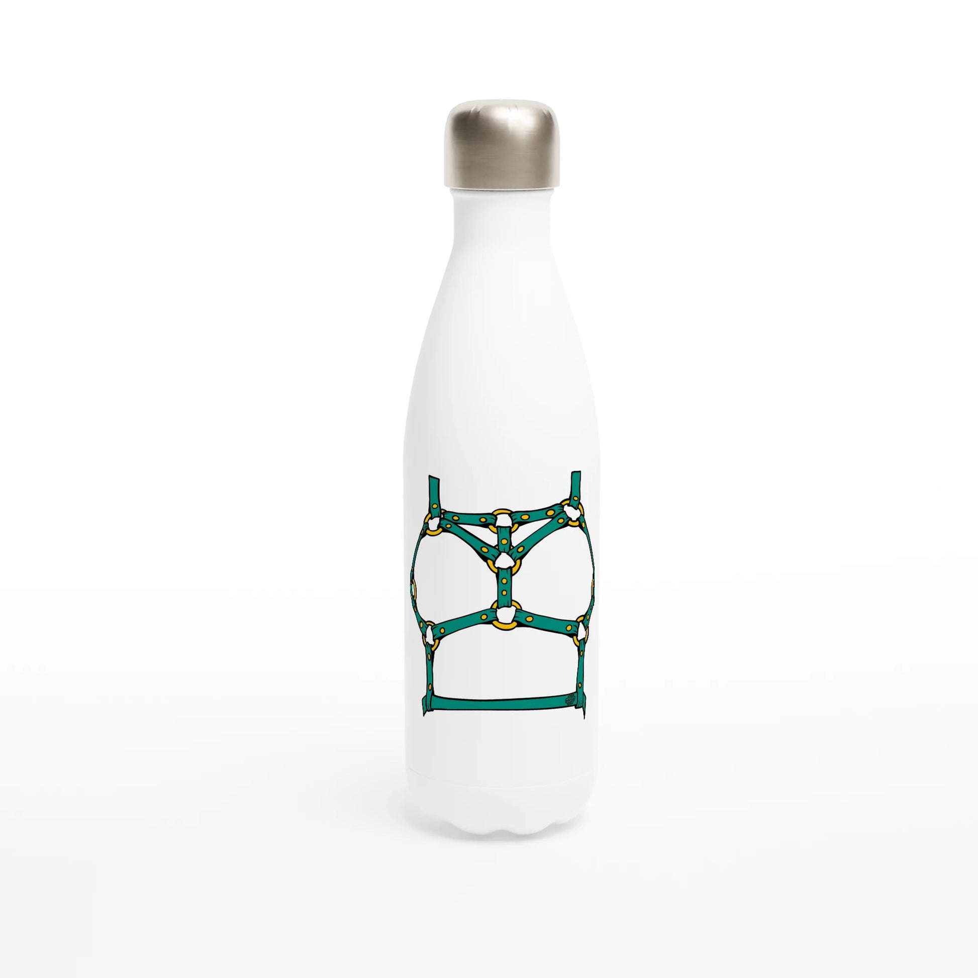 Sultry Teal Harness Straps & Golden Rings – Erotic Bondage Illustration White 17oz Stainless Steel Water Bottle - Urban Muse & Sultry Hues