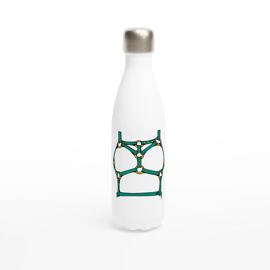 Sultry Teal Harness Straps & Golden Rings – Erotic Bondage Illustration White 17oz Stainless Steel Water Bottle - Urban Muse & Sultry Hues