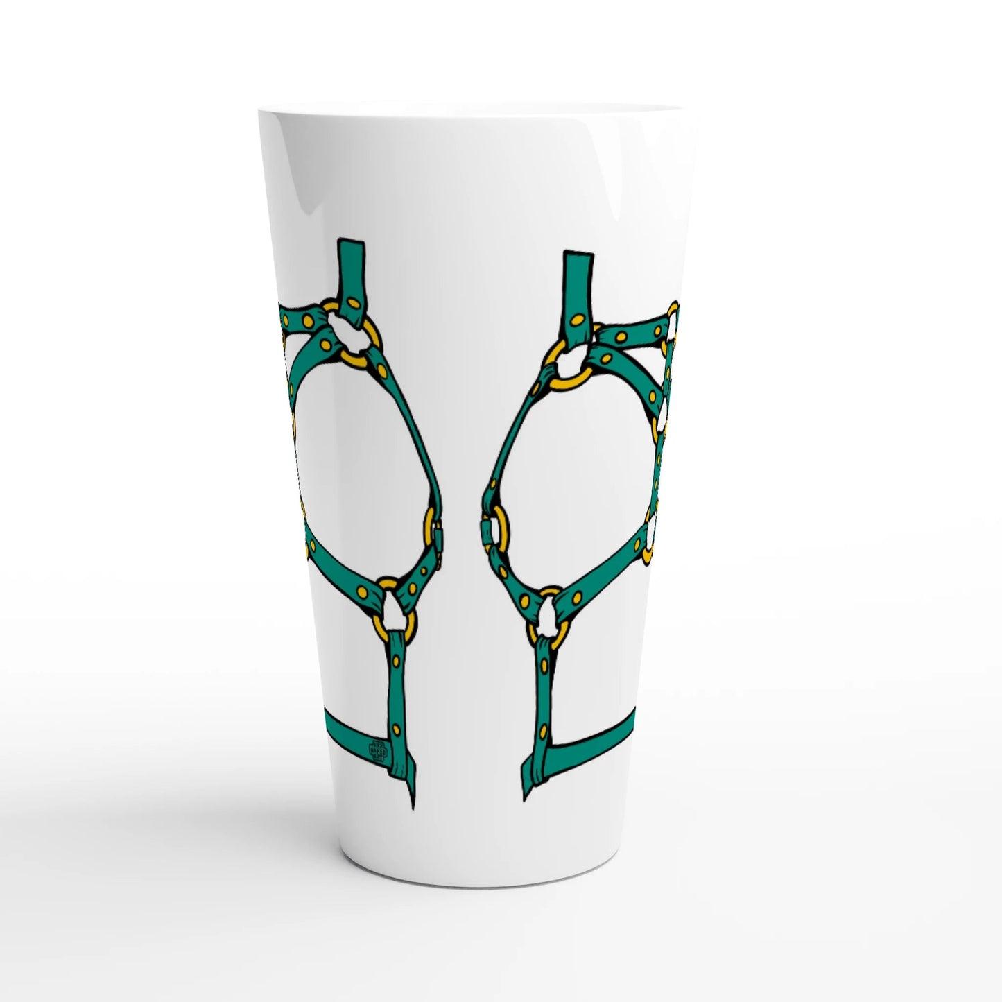 Sultry Teal Harness Straps & Golden Rings – Erotic Bondage Illustration White Latte 17oz Ceramic Mug - Urban Muse & Sultry Hues