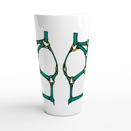 Sultry Teal Harness Straps & Golden Rings – Erotic Bondage Illustration White Latte 17oz Ceramic Mug - Urban Muse & Sultry Hues