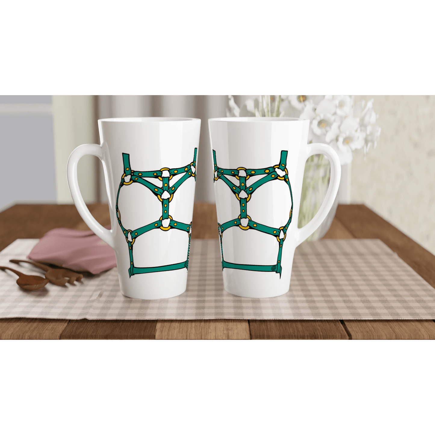 Sultry Teal Harness Straps & Golden Rings – Erotic Bondage Illustration White Latte 17oz Ceramic Mug - Urban Muse & Sultry Hues