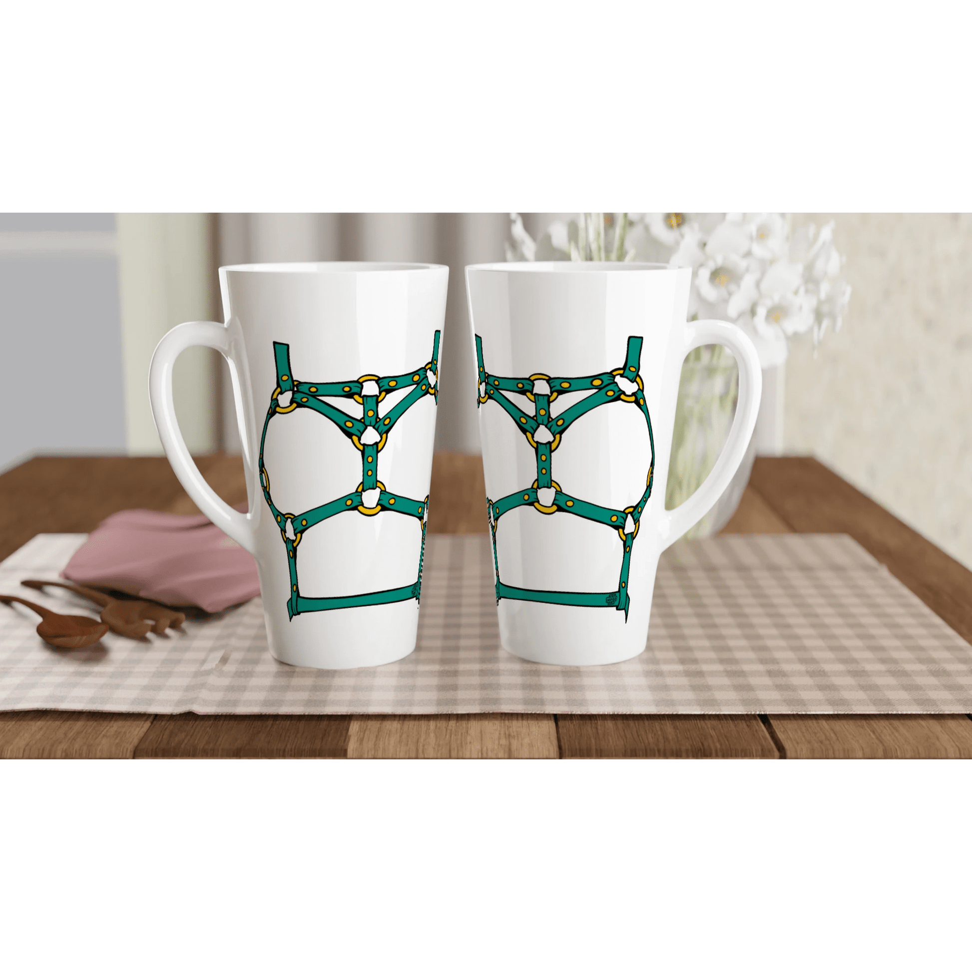 Sultry Teal Harness Straps & Golden Rings – Erotic Bondage Illustration White Latte 17oz Ceramic Mug - Urban Muse & Sultry Hues