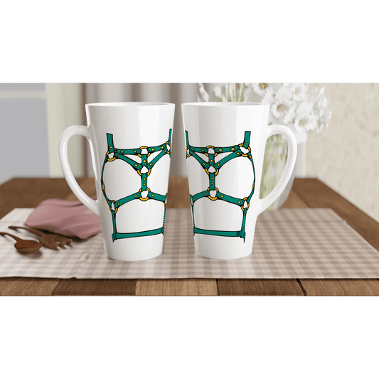 Sultry Teal Harness Straps & Golden Rings – Erotic Bondage Illustration White Latte 17oz Ceramic Mug - Urban Muse & Sultry Hues