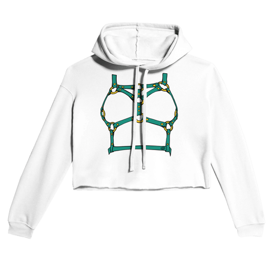 Sultry Teal Harness Straps & Golden Rings – Erotic Bondage Illustration Women's Cropped Hoodie - Urban Muse & Sultry Hues