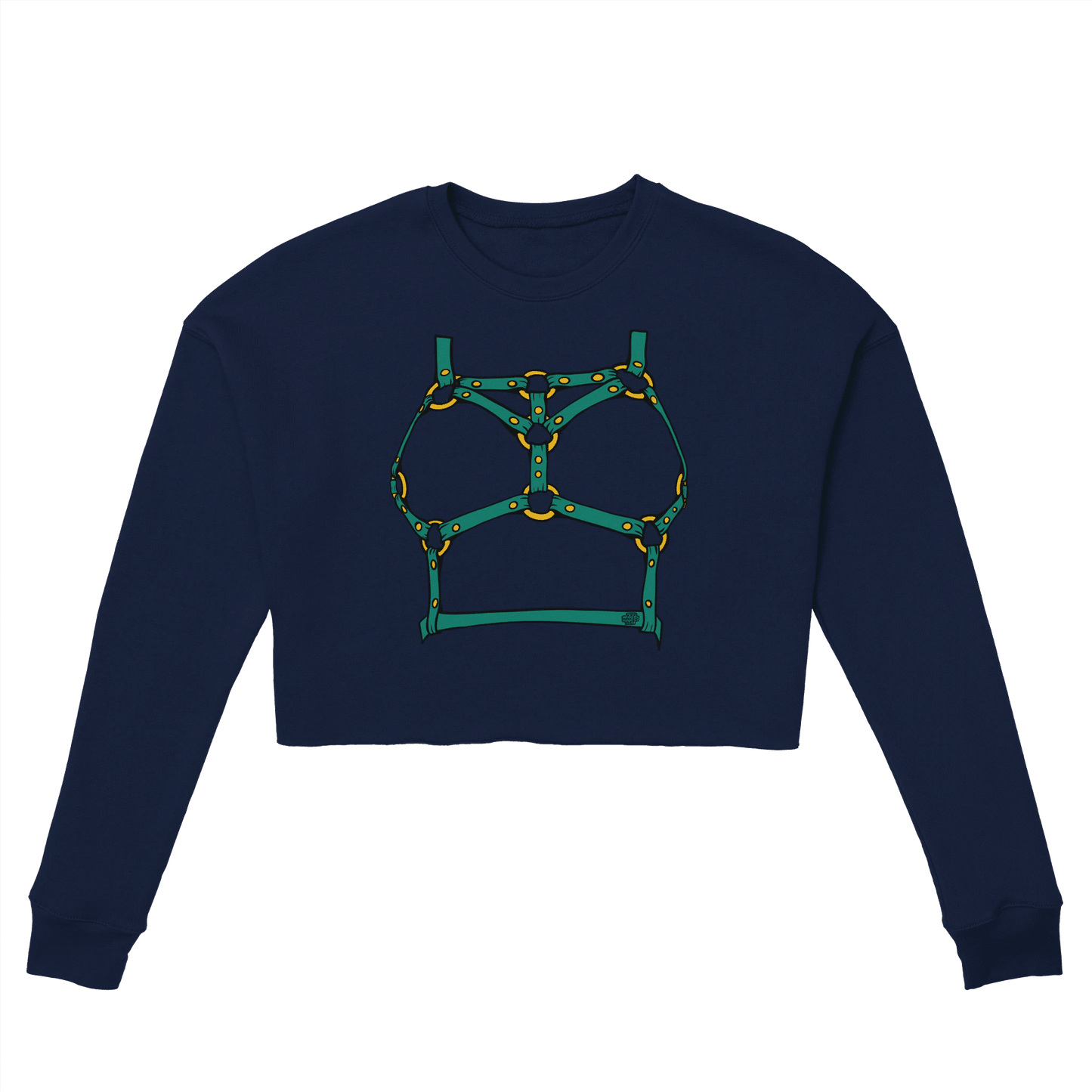 Sultry Teal Harness Straps & Golden Rings – Erotic Bondage Illustration Women's Cropped Sweatshirt - Urban Muse & Sultry Hues