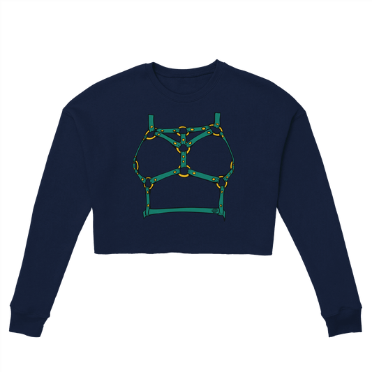 Sultry Teal Harness Straps & Golden Rings – Erotic Bondage Illustration Women's Cropped Sweatshirt - Urban Muse & Sultry Hues