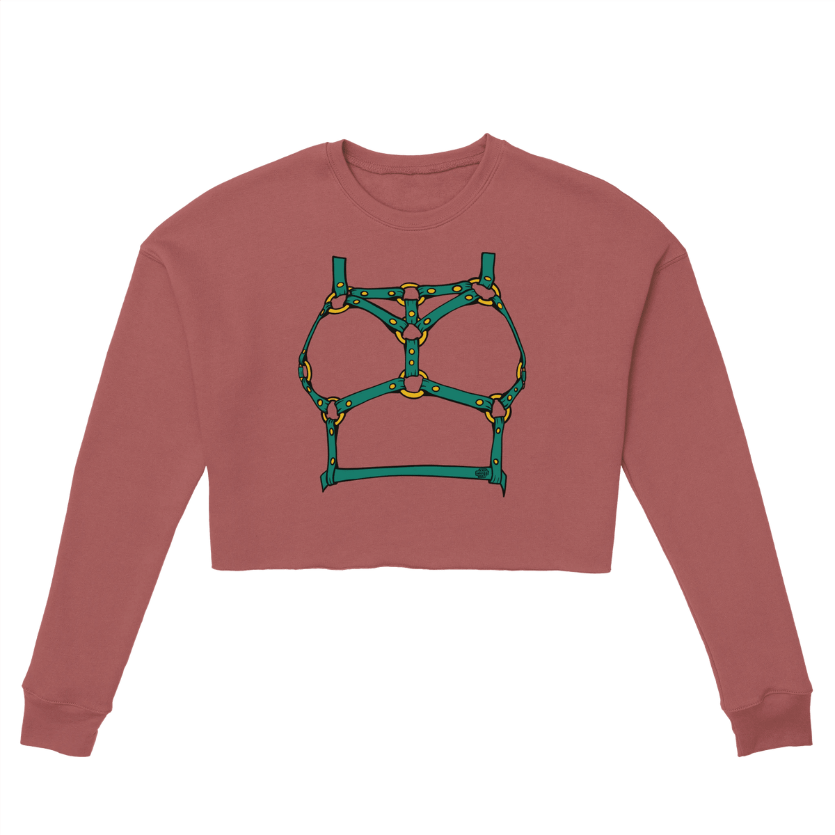 Sultry Teal Harness Straps & Golden Rings – Erotic Bondage Illustration Women's Cropped Sweatshirt - Urban Muse & Sultry Hues