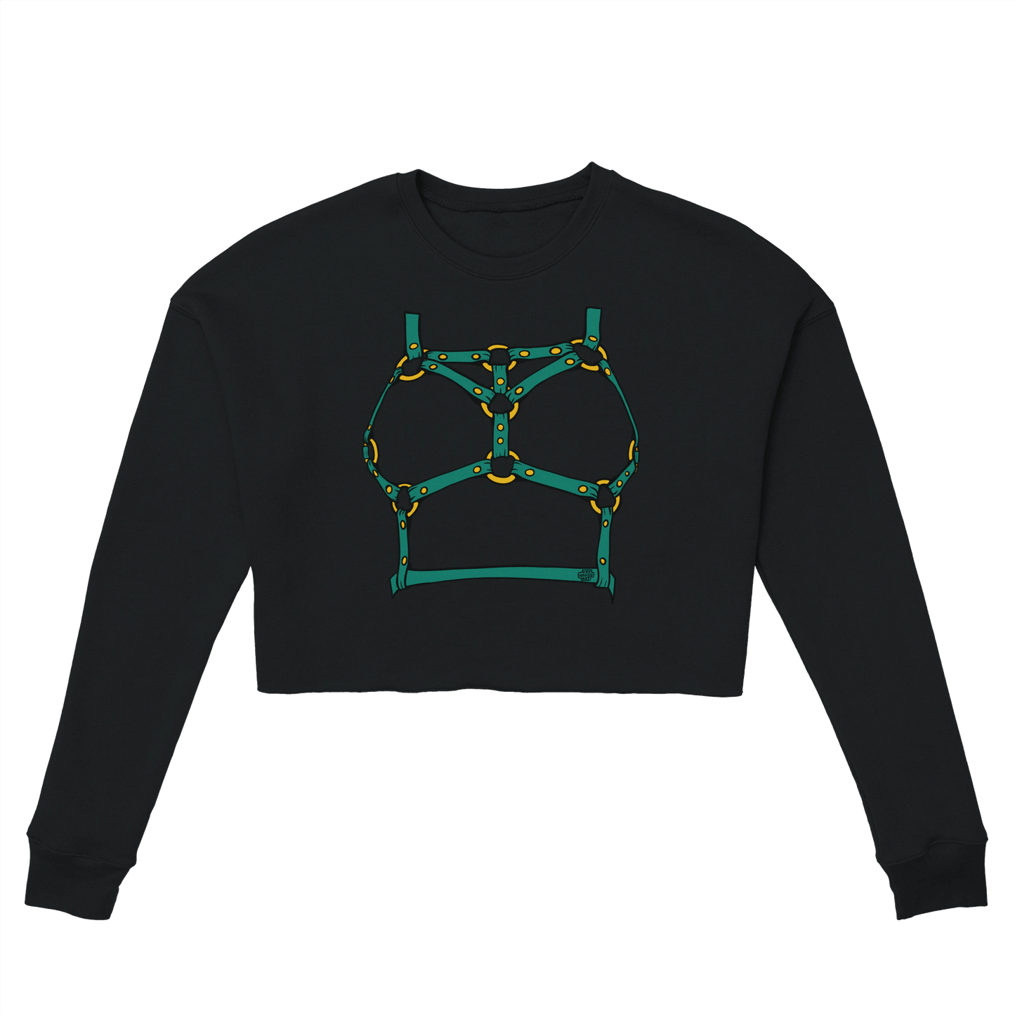 Sultry Teal Harness Straps & Golden Rings – Erotic Bondage Illustration Women's Cropped Sweatshirt - Urban Muse & Sultry Hues