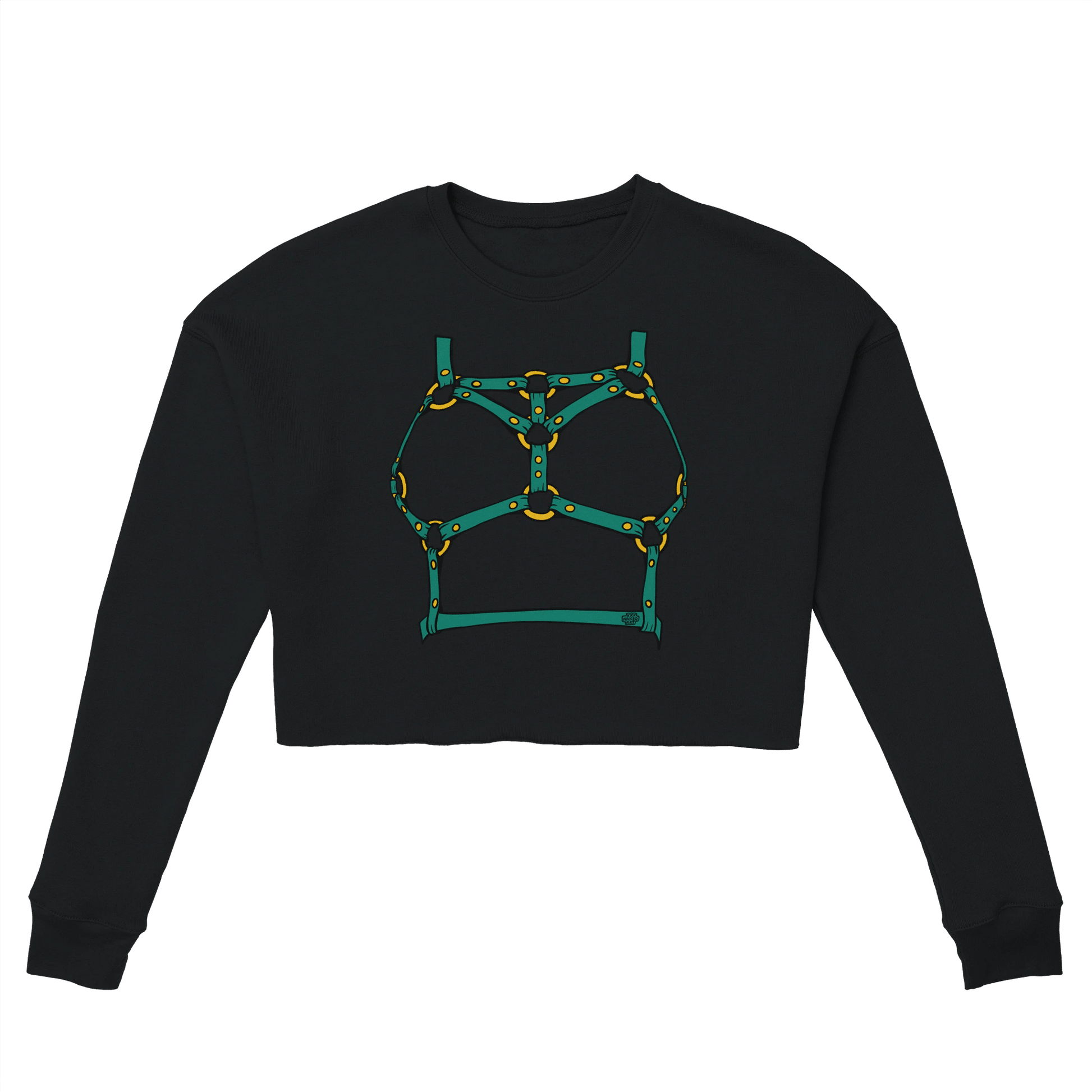Sultry Teal Harness Straps & Golden Rings – Erotic Bondage Illustration Women's Cropped Sweatshirt - Urban Muse & Sultry Hues