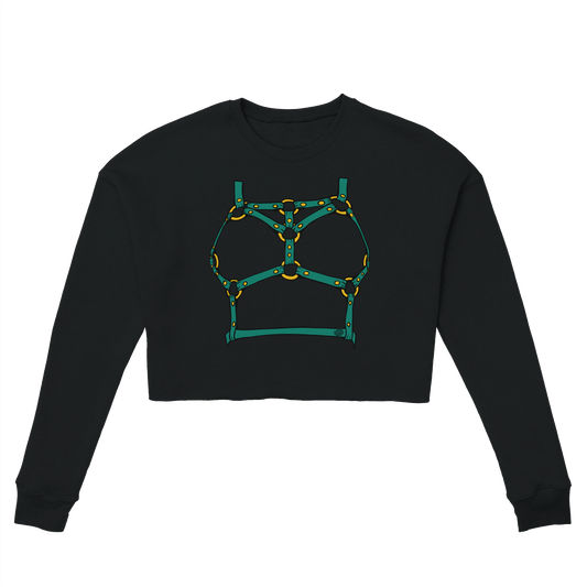 Sultry Teal Harness Straps & Golden Rings – Erotic Bondage Illustration Women's Cropped Sweatshirt - Urban Muse & Sultry Hues