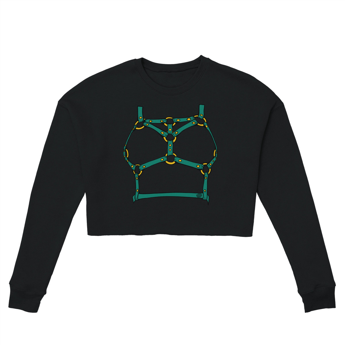 Sultry Teal Harness Straps & Golden Rings – Erotic Bondage Illustration Women's Cropped Sweatshirt - Urban Muse & Sultry Hues