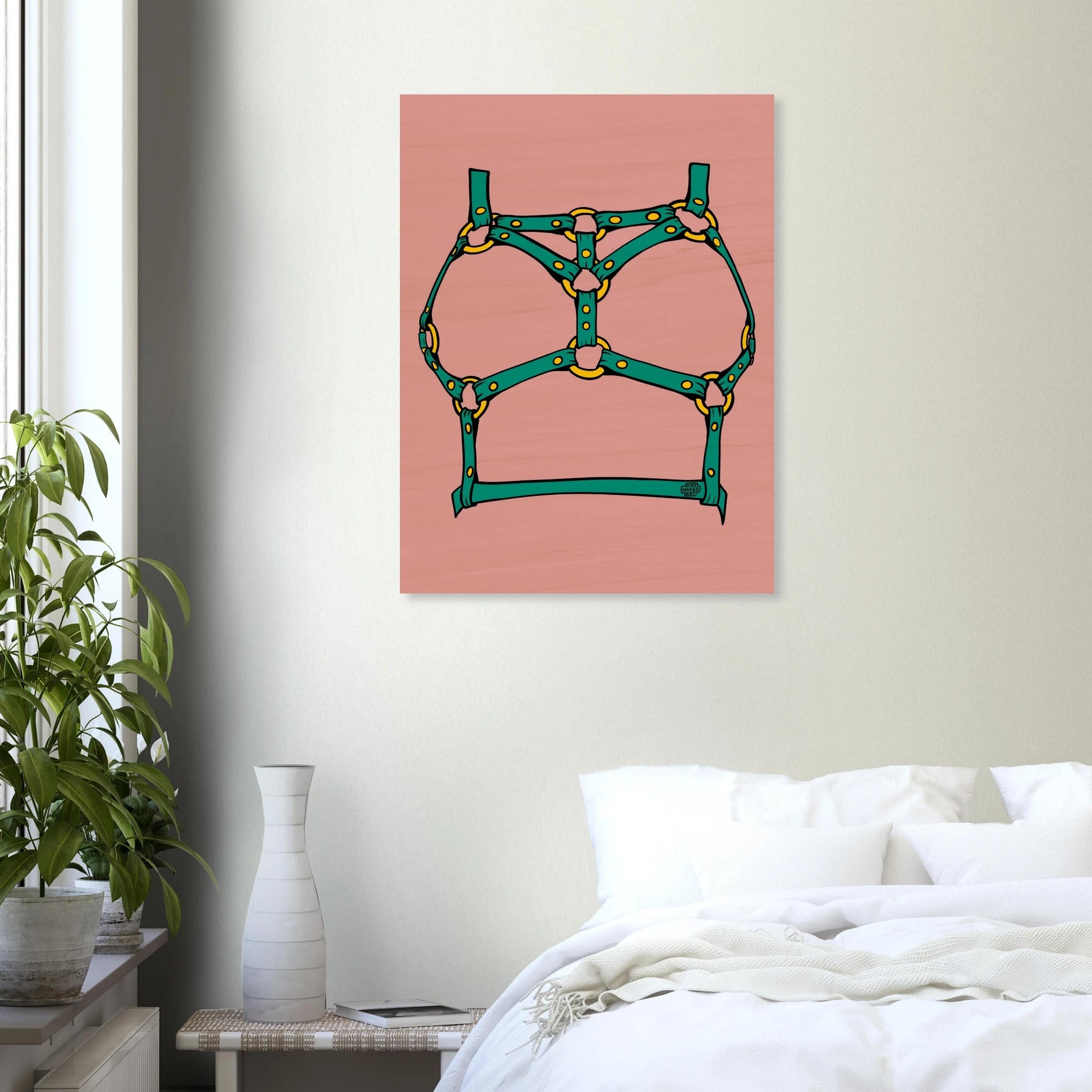 Sultry Teal Harness Straps & Golden Rings – Erotic Bondage Illustration Wood Prints - Urban Muse & Sultry Hues