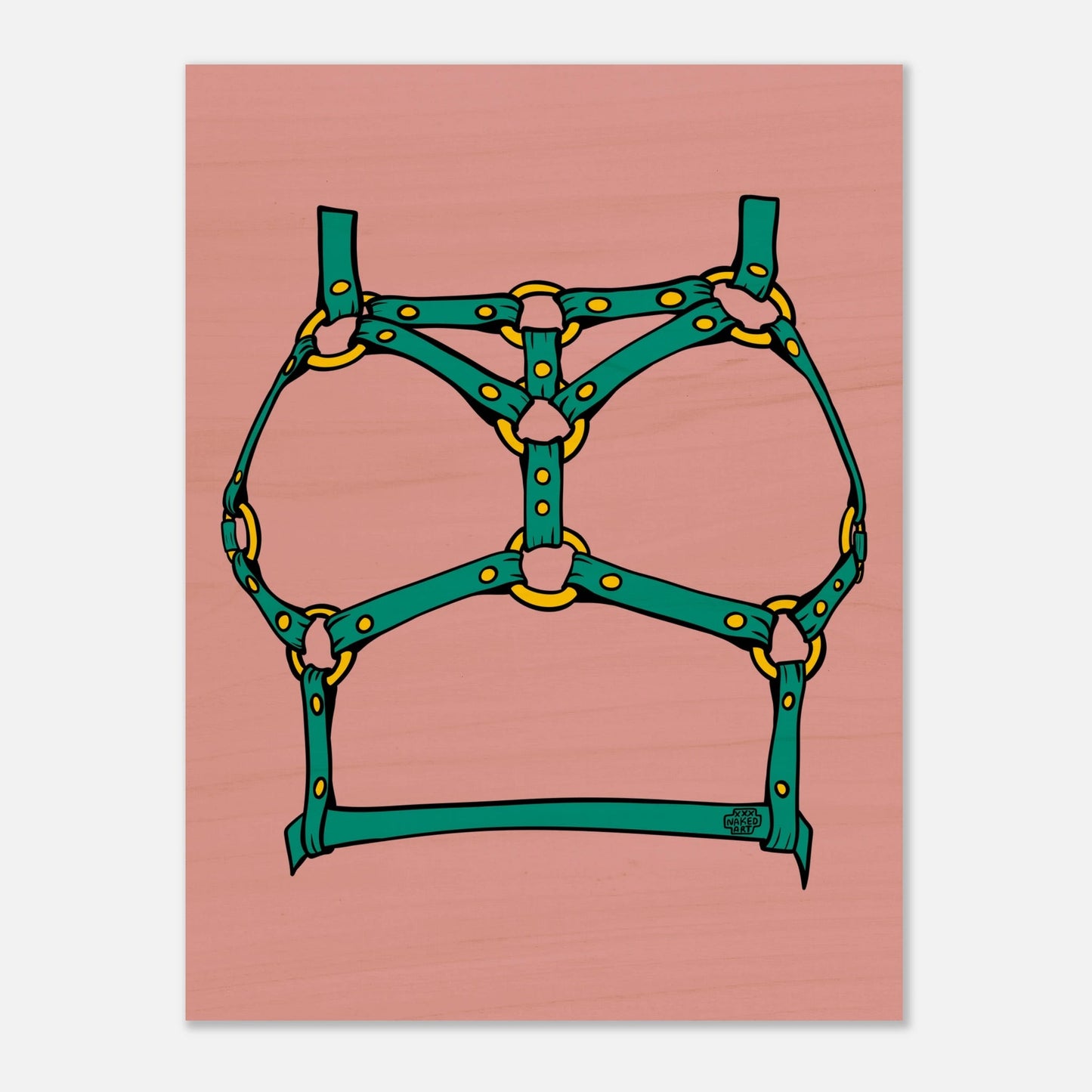 Sultry Teal Harness Straps & Golden Rings – Erotic Bondage Illustration Wood Prints - Urban Muse & Sultry Hues