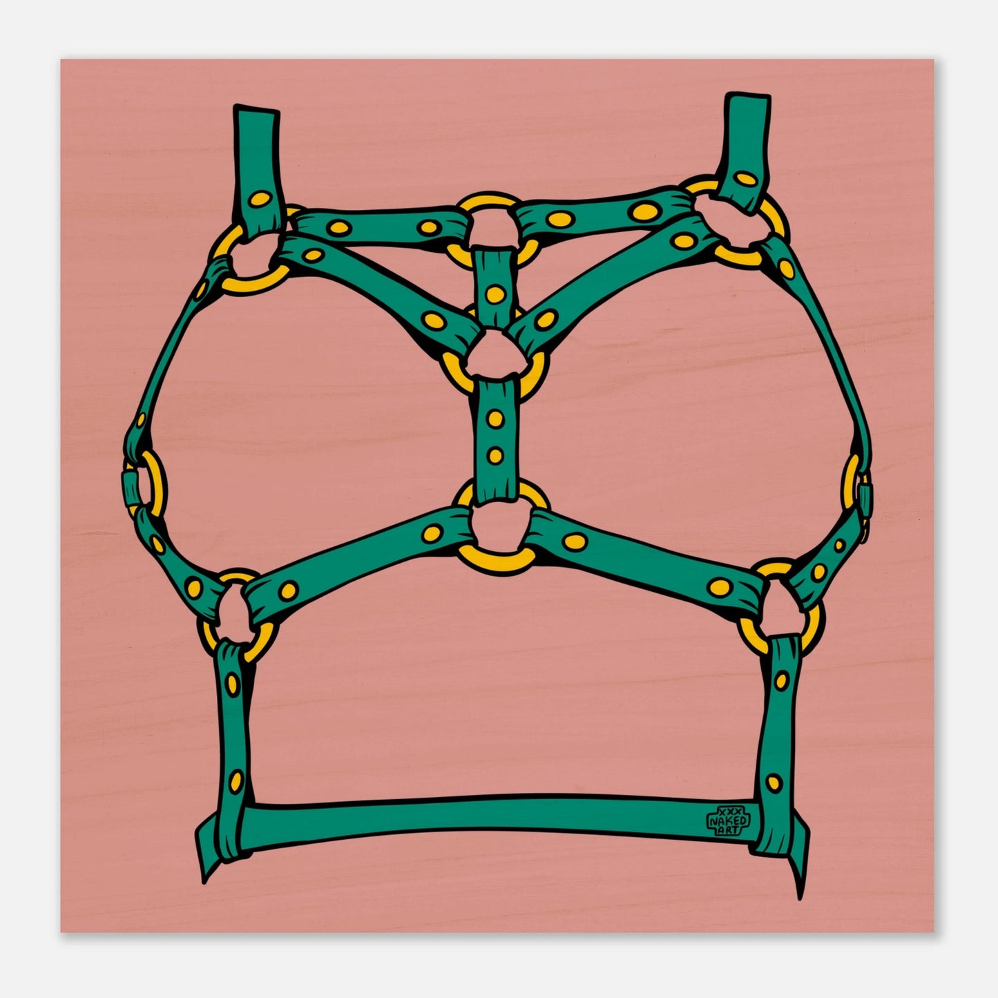 Sultry Teal Harness Straps & Golden Rings – Erotic Bondage Illustration Wood Prints - Urban Muse & Sultry Hues