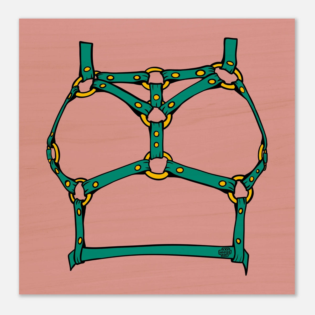 Sultry Teal Harness Straps & Golden Rings – Erotic Bondage Illustration Wood Prints - Urban Muse & Sultry Hues