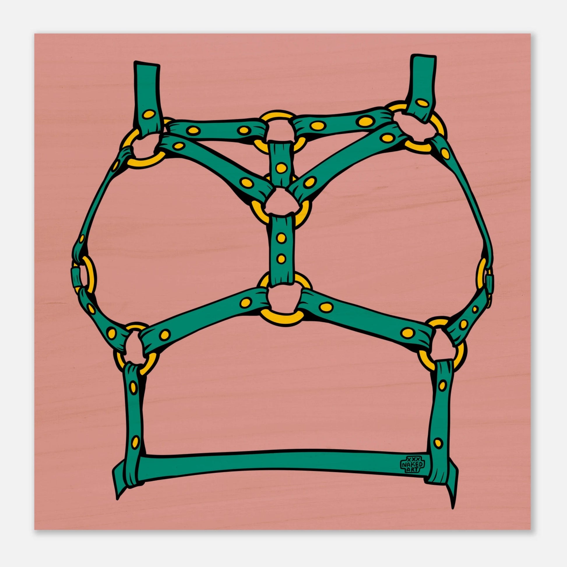 Sultry Teal Harness Straps & Golden Rings – Erotic Bondage Illustration Wood Prints - Urban Muse & Sultry Hues