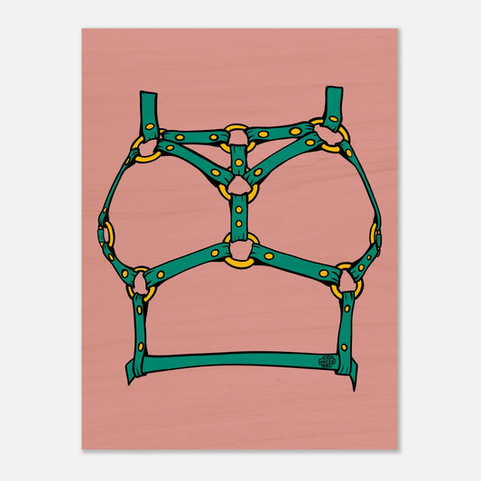 Sultry Teal Harness Straps & Golden Rings – Erotic Bondage Illustration Wood Prints - Urban Muse & Sultry Hues