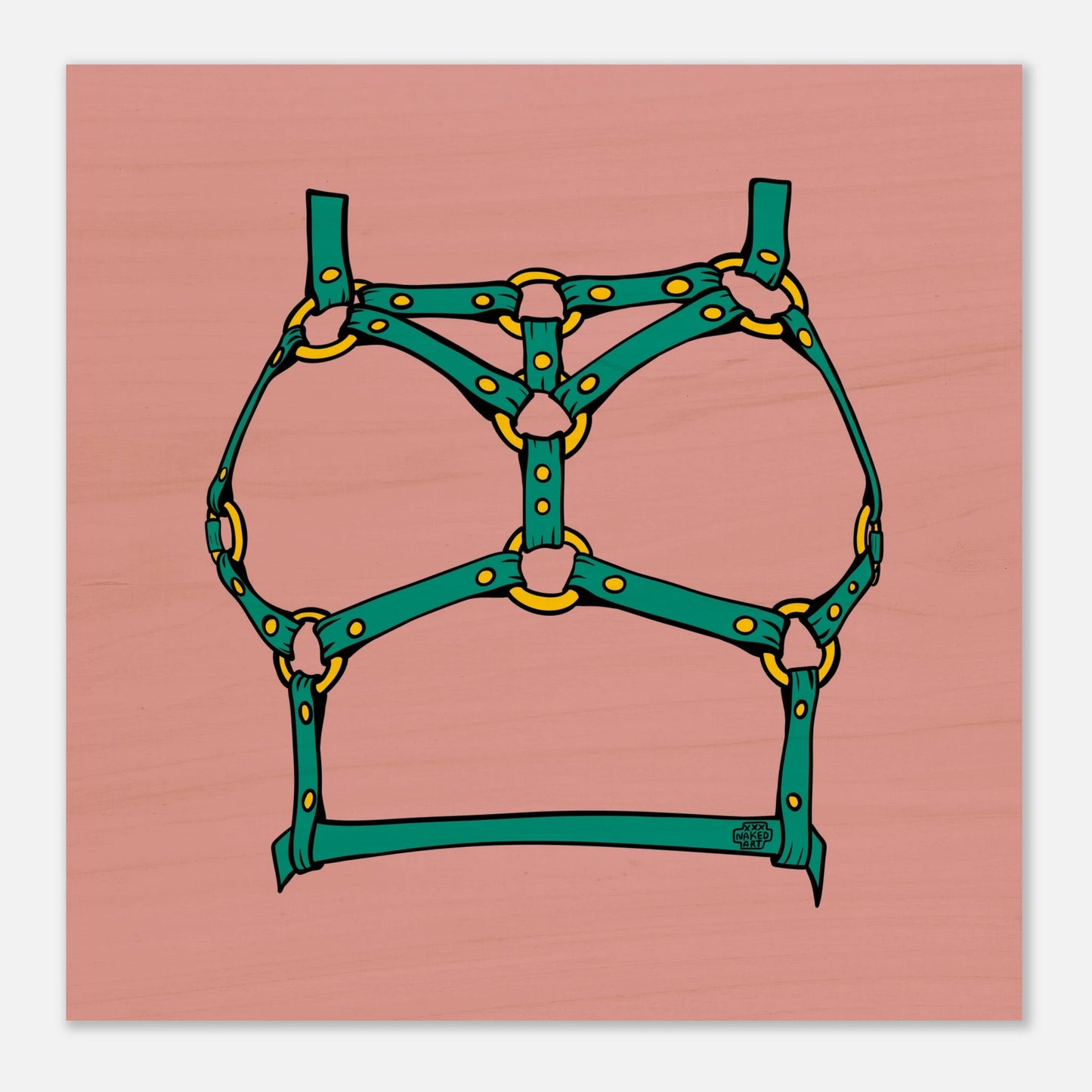Sultry Teal Harness Straps & Golden Rings – Erotic Bondage Illustration Wood Prints - Urban Muse & Sultry Hues