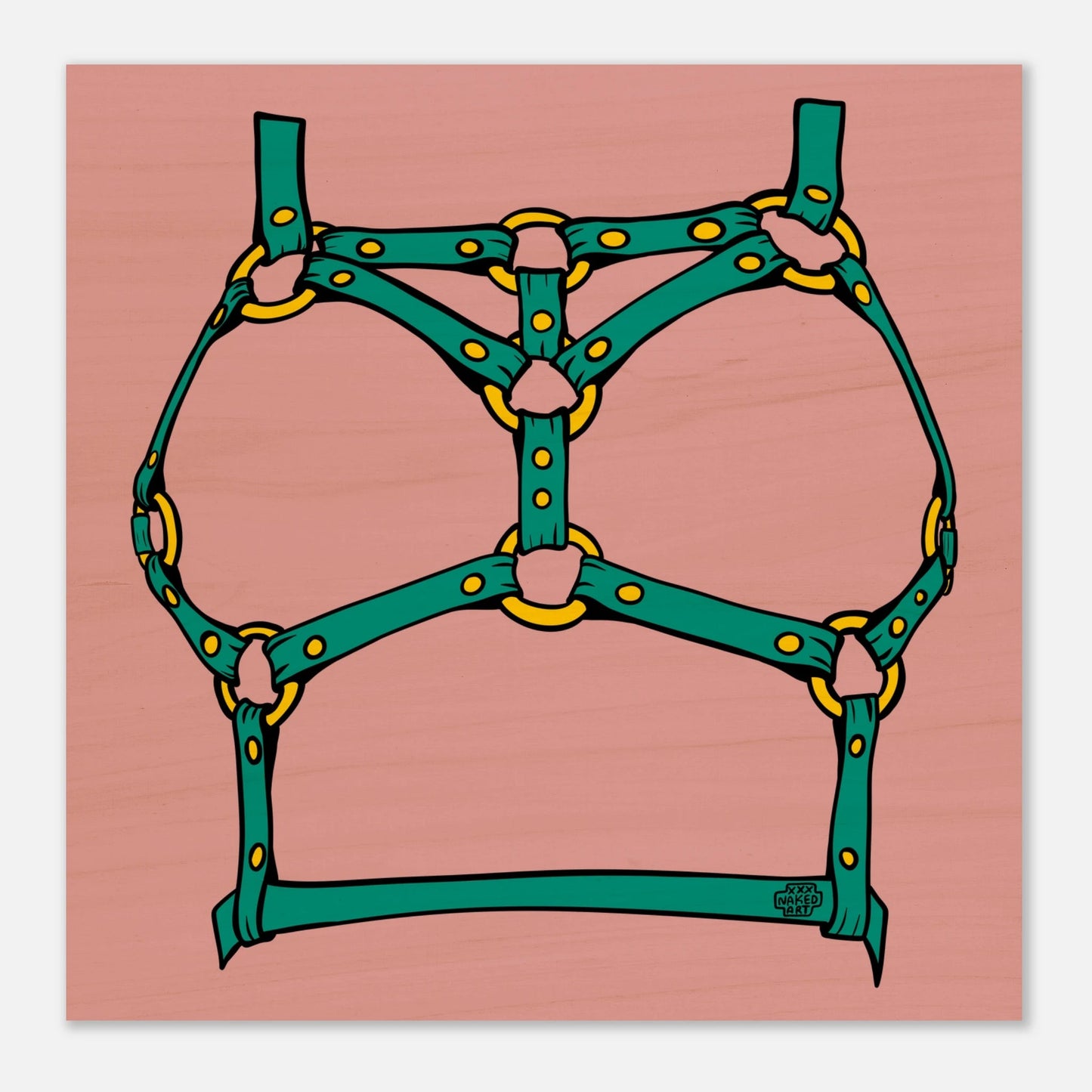 Sultry Teal Harness Straps & Golden Rings – Erotic Bondage Illustration Wood Prints - Urban Muse & Sultry Hues