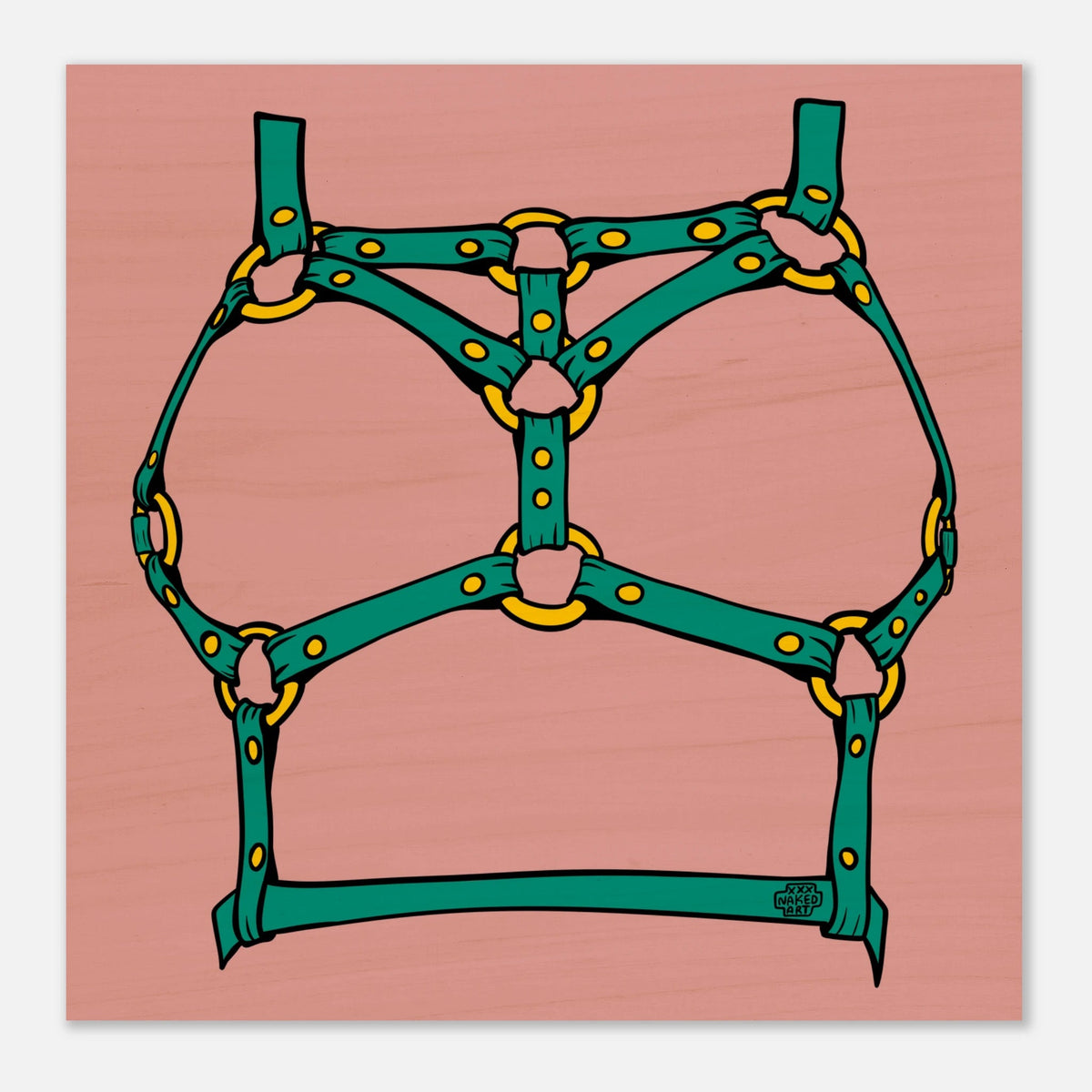 Sultry Teal Harness Straps & Golden Rings – Erotic Bondage Illustration Wood Prints - Urban Muse & Sultry Hues