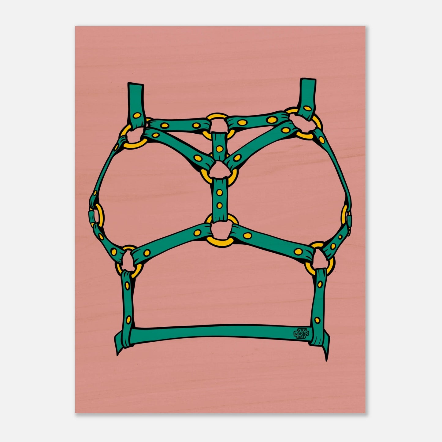 Sultry Teal Harness Straps & Golden Rings – Erotic Bondage Illustration Wood Prints - Urban Muse & Sultry Hues