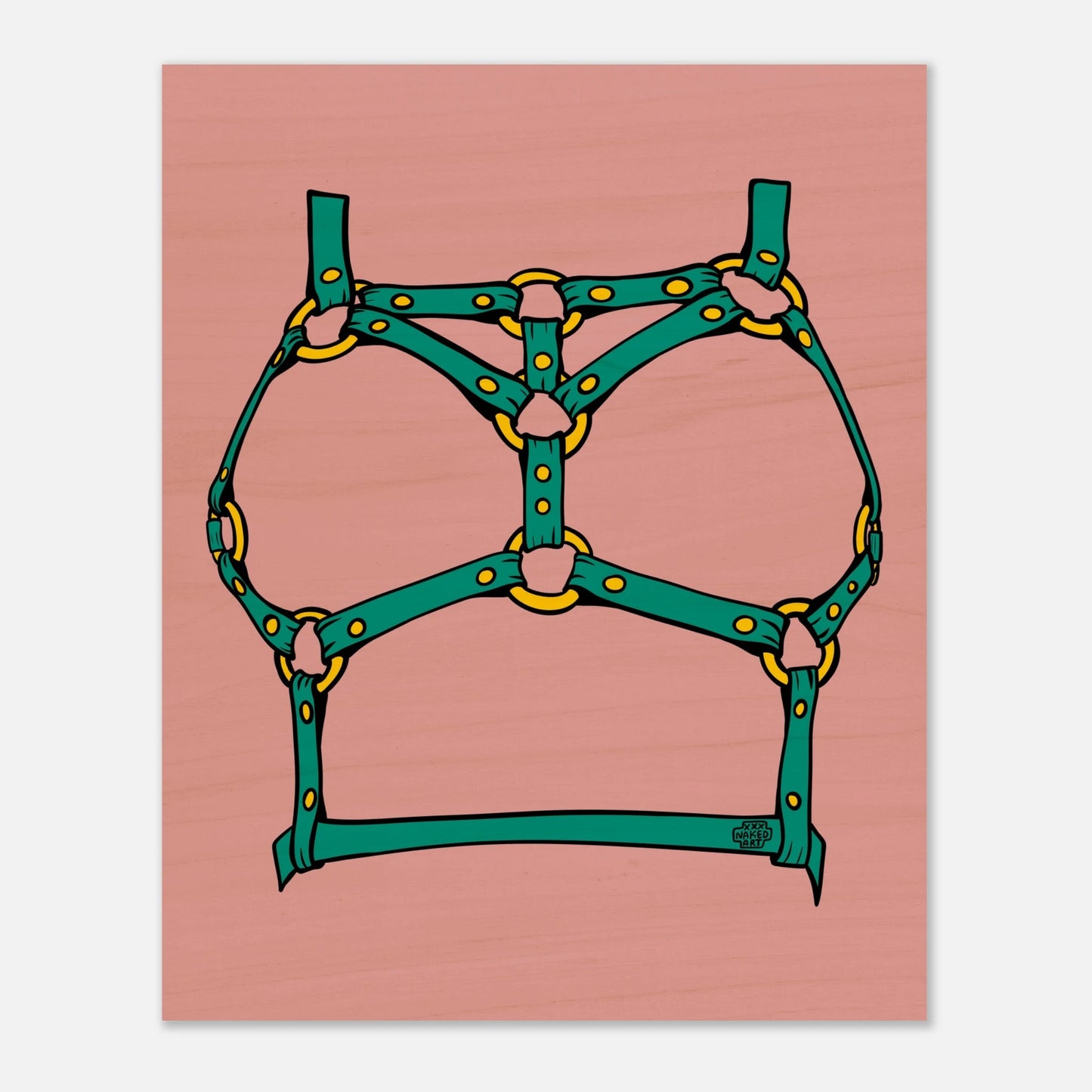 Sultry Teal Harness Straps & Golden Rings – Erotic Bondage Illustration Wood Prints - Urban Muse & Sultry Hues