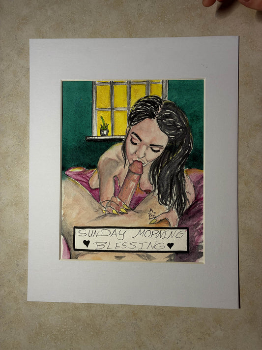 Sunday Morning Blessing – Sensual Watercolor Blowjob Art – 8x10” - Urban Muse & Sultry Hues