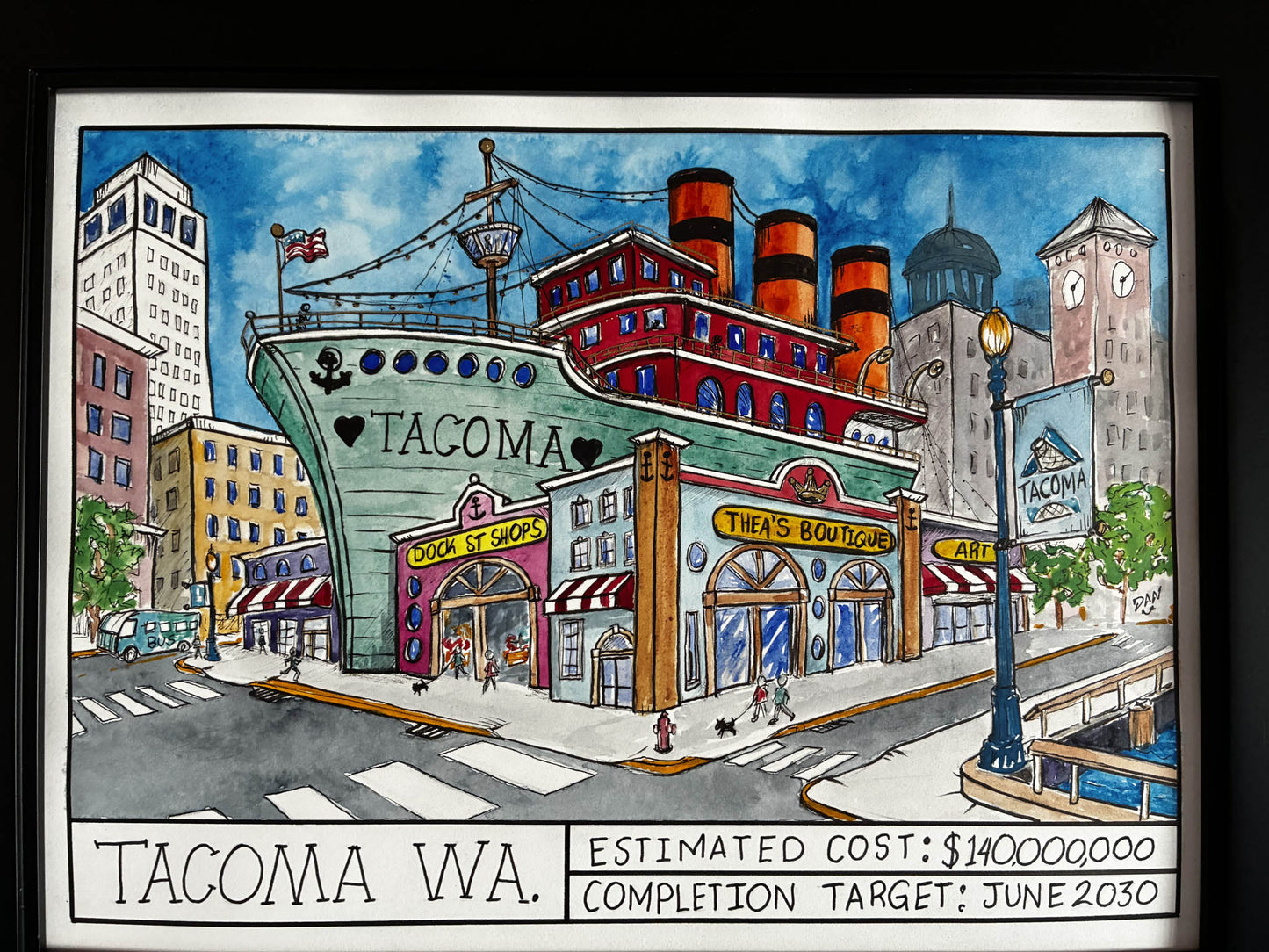 Tacoma Waterfront Whimsy – Vibrant Watercolor Cityscape Art - Urban Muse & Sultry Hues
