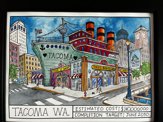 Tacoma Waterfront Whimsy – Vibrant Watercolor Cityscape Art - Urban Muse & Sultry Hues