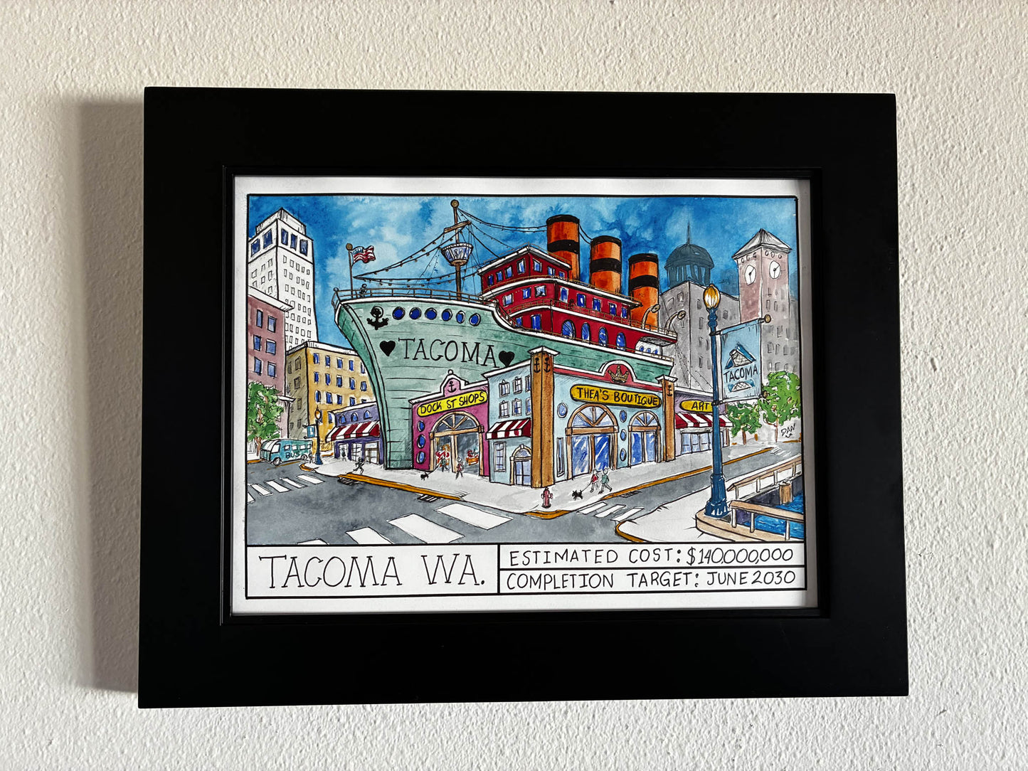 Tacoma Waterfront Whimsy – Vibrant Watercolor Cityscape Art - Urban Muse & Sultry Hues