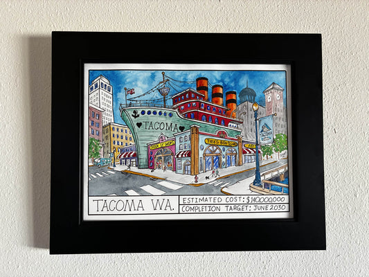 Tacoma Waterfront Whimsy – Vibrant Watercolor Cityscape Art - Urban Muse & Sultry Hues
