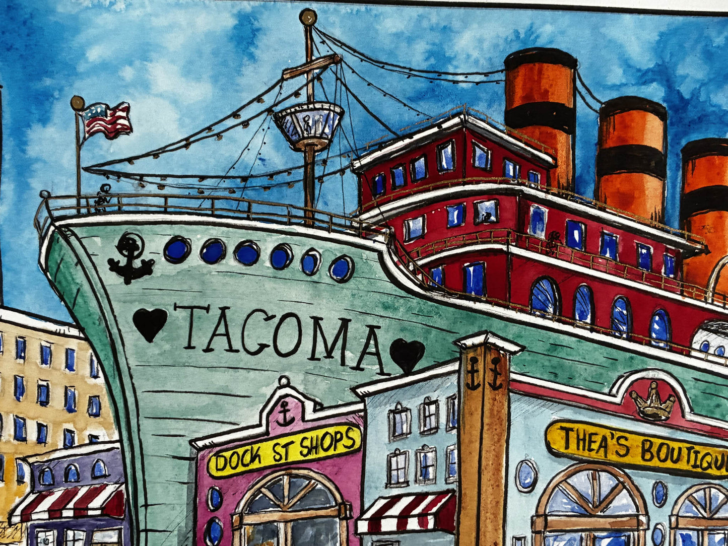Tacoma Waterfront Whimsy – Vibrant Watercolor Cityscape Art - Urban Muse & Sultry Hues