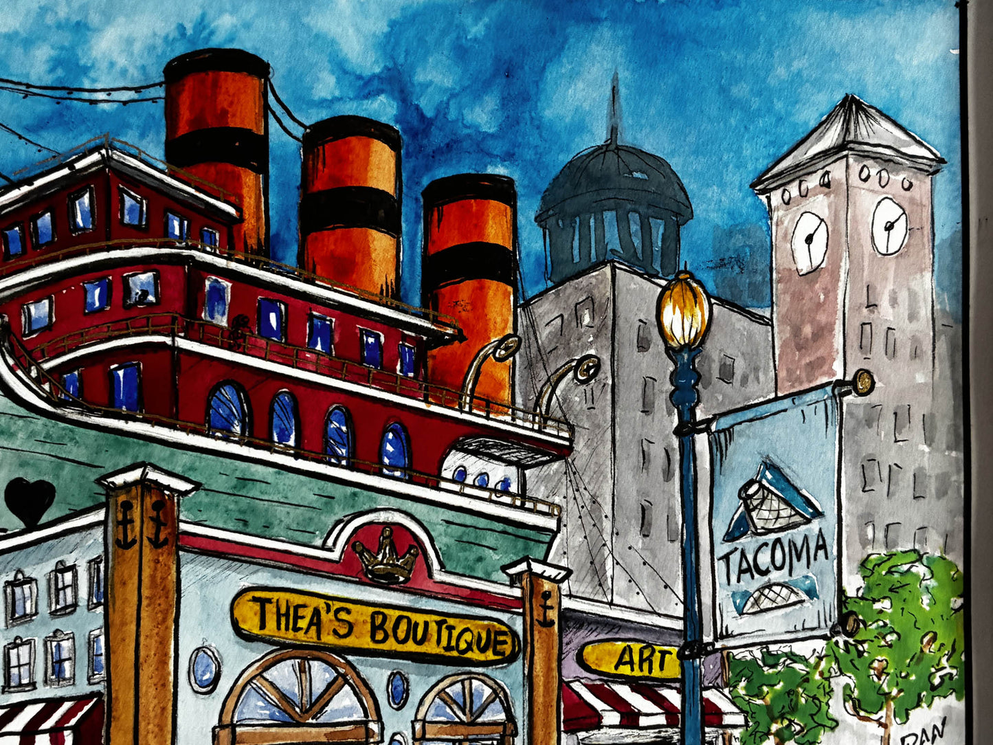 Tacoma Waterfront Whimsy – Vibrant Watercolor Cityscape Art - Urban Muse & Sultry Hues