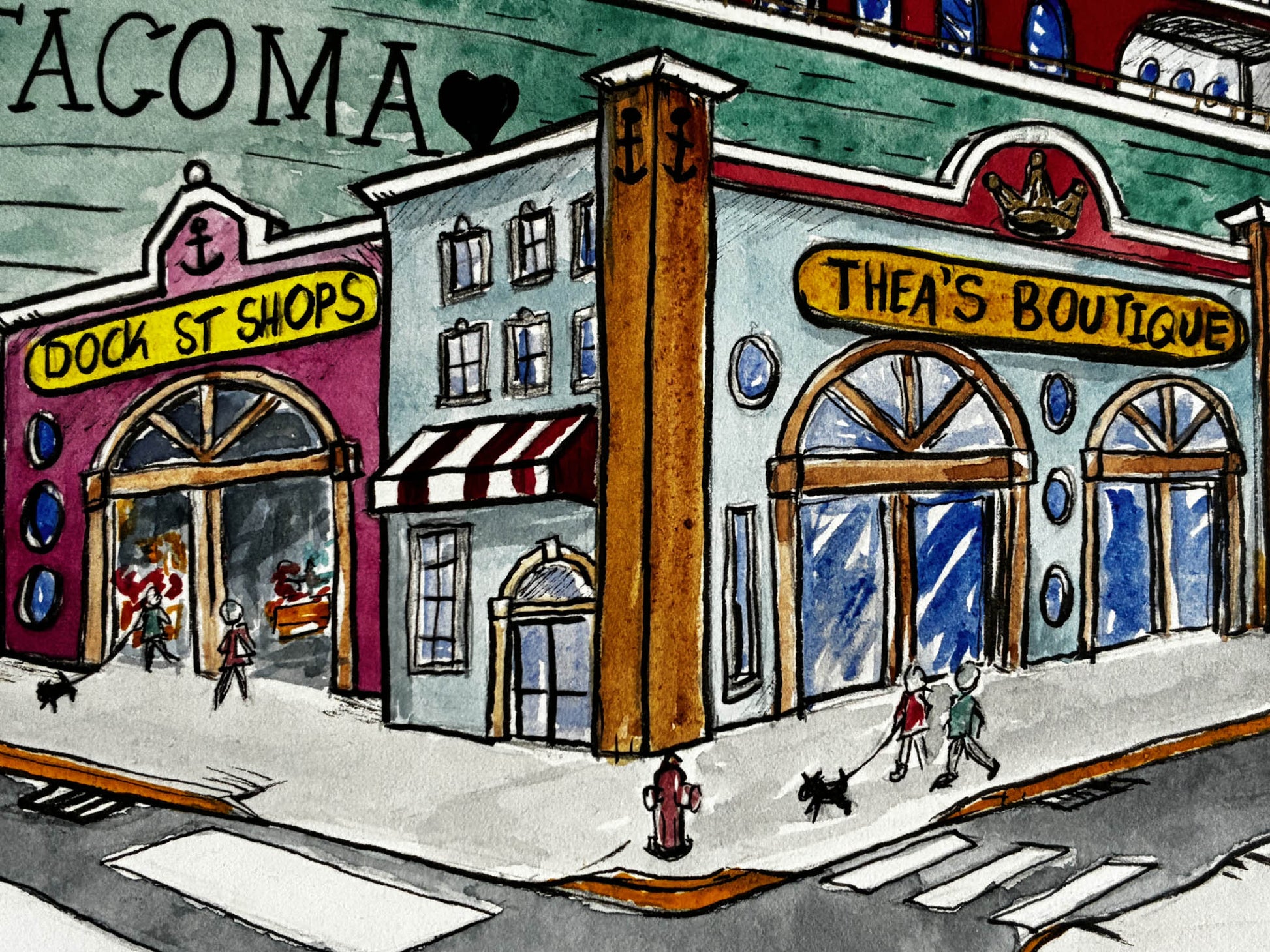 Tacoma Waterfront Whimsy – Vibrant Watercolor Cityscape Art - Urban Muse & Sultry Hues
