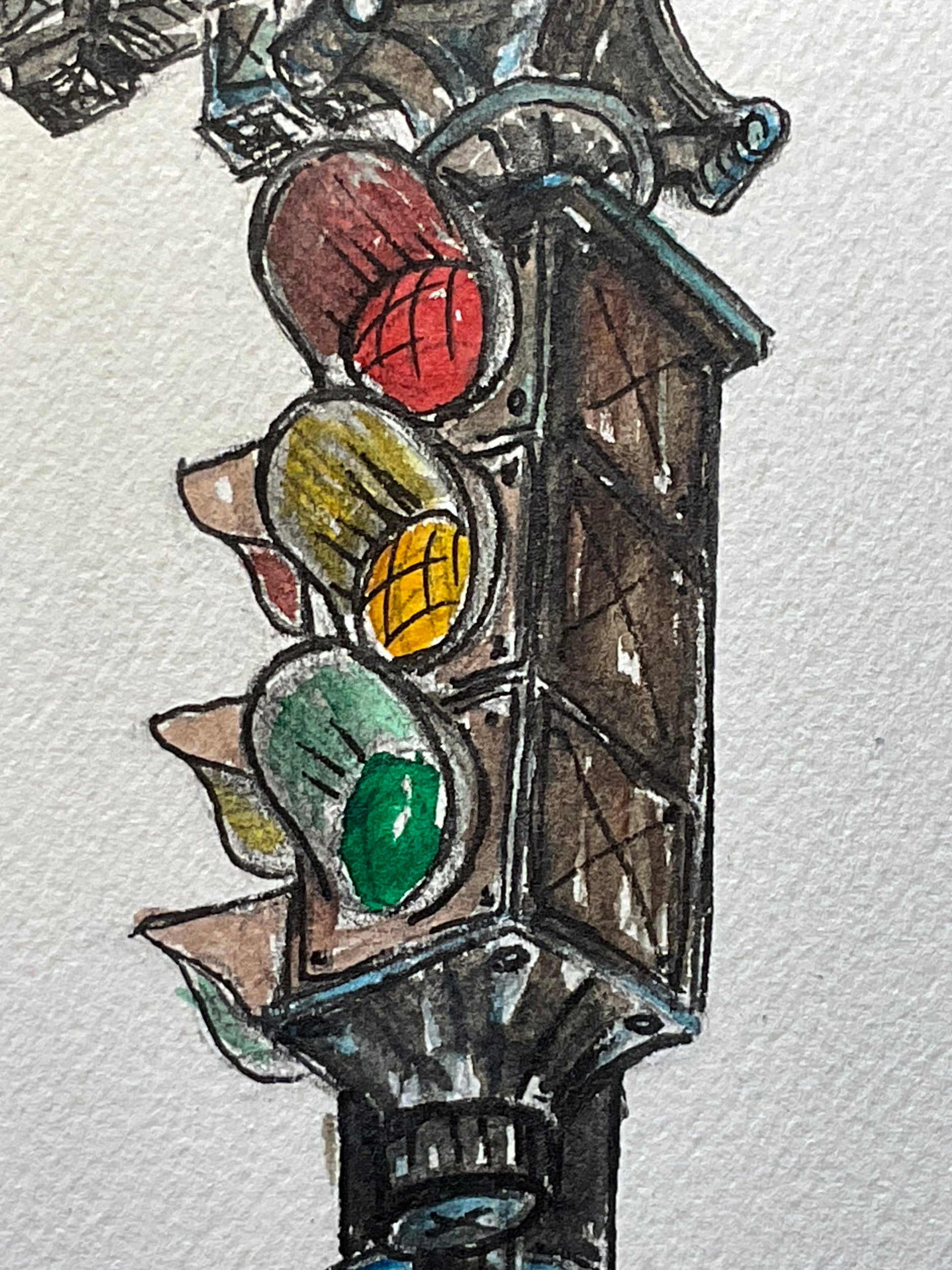 Vibrant Seattle Pioneer Square Stoplight Watercolor – 9x12 - Urban Muse & Sultry Hues