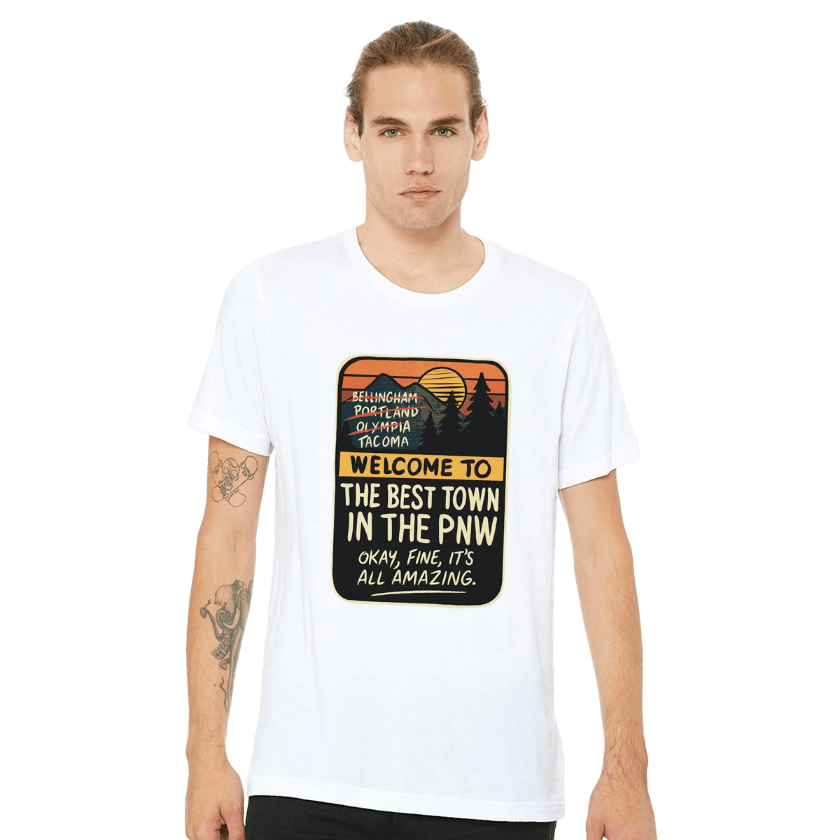 Welcome to the Best Town in the PNW: Funny Pacific Northwest Tee | Bella Canvas 3001 - Urban Muse & Sultry Hues