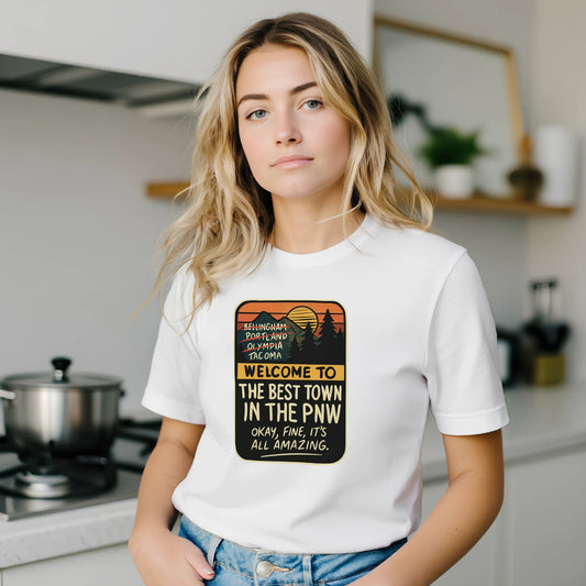 Welcome to the Best Town in the PNW: Funny Pacific Northwest Tee | Bella Canvas 3001 - Urban Muse & Sultry Hues