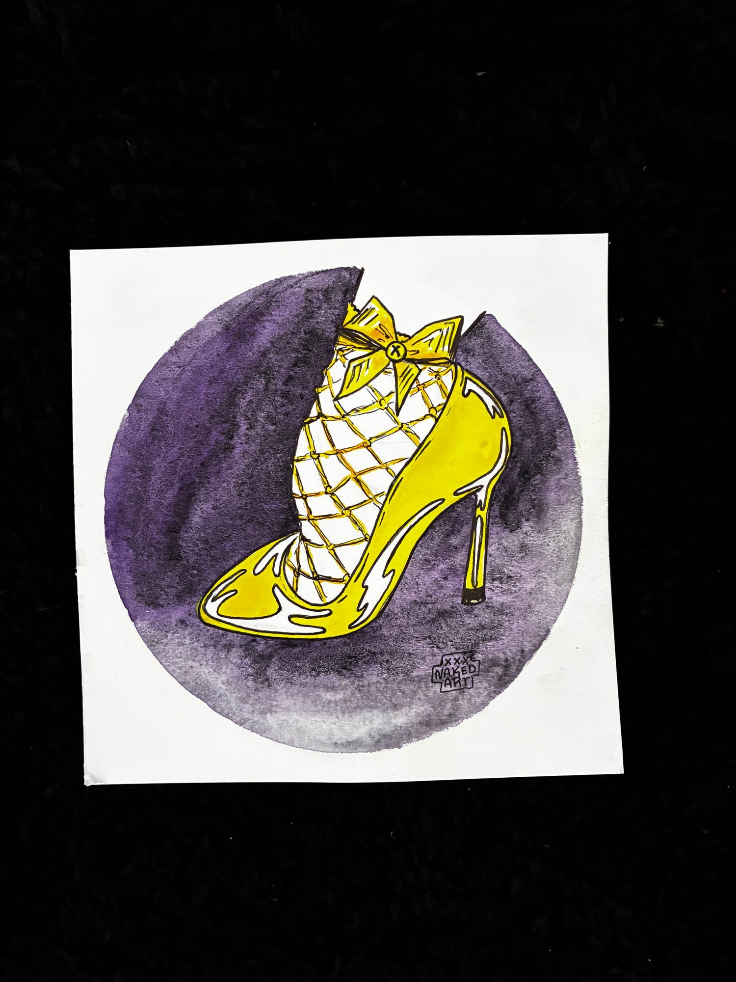Yellow Fishnet Heel Erotic Watercolor – 6x6 - Urban Muse & Sultry Hues